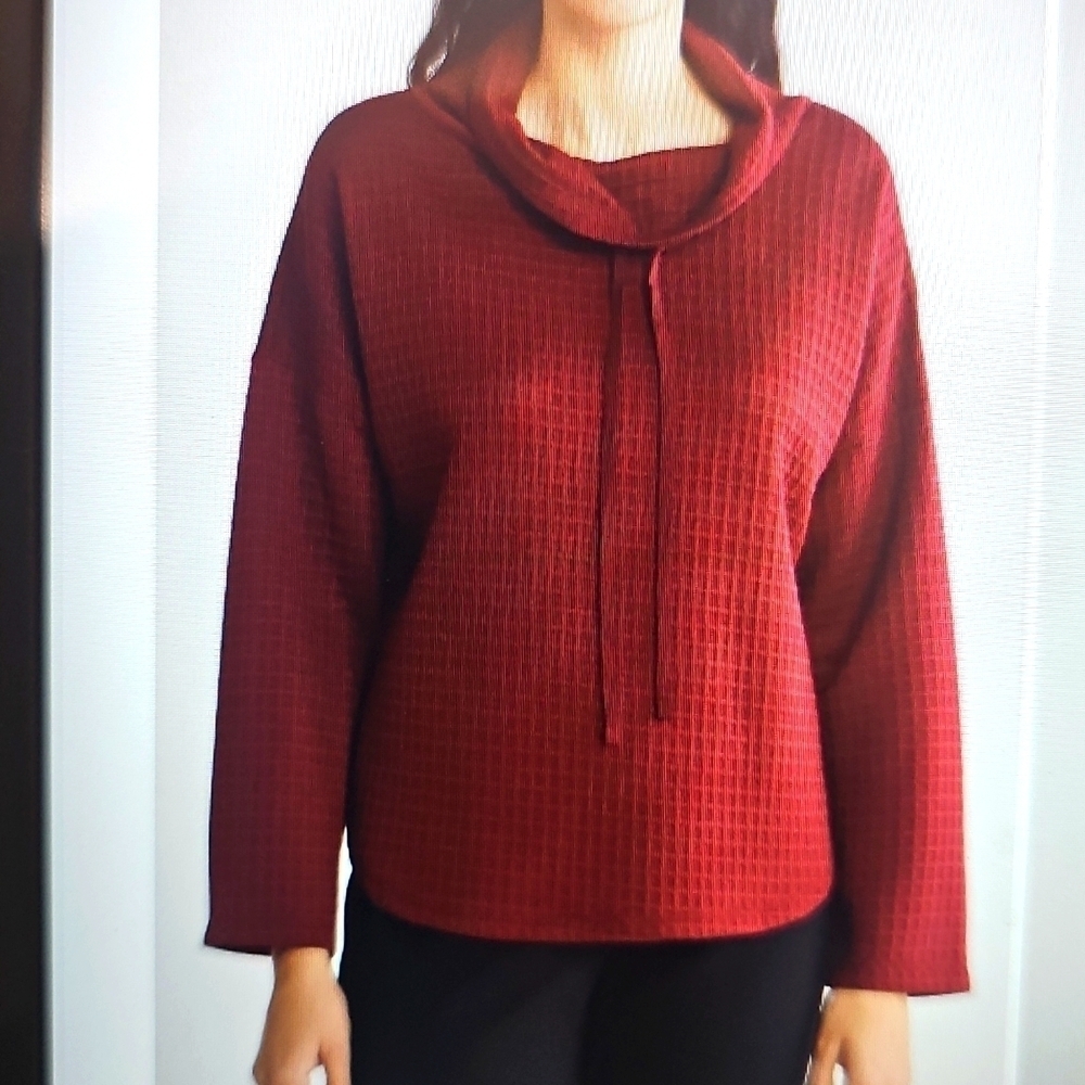 NWT Large Max Studio Funnel Neck Waffle Knit Drawstring Pullover Top Oxblood